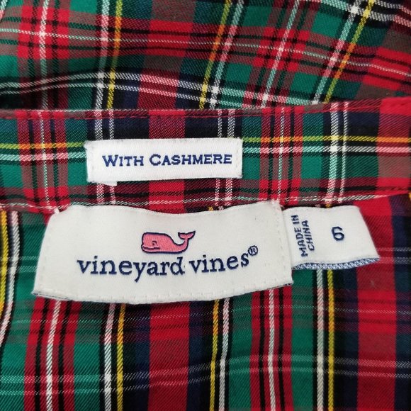 Vineyard Vines 6 Cashmere Red Plaid Tunic Holiday Blouse Pin Tuck Smocking - Picture 3 of 4